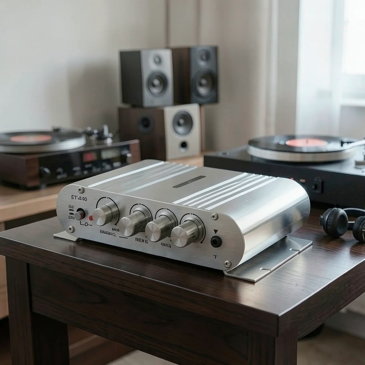 Усилитель HiFi серебристый с черной крышкой