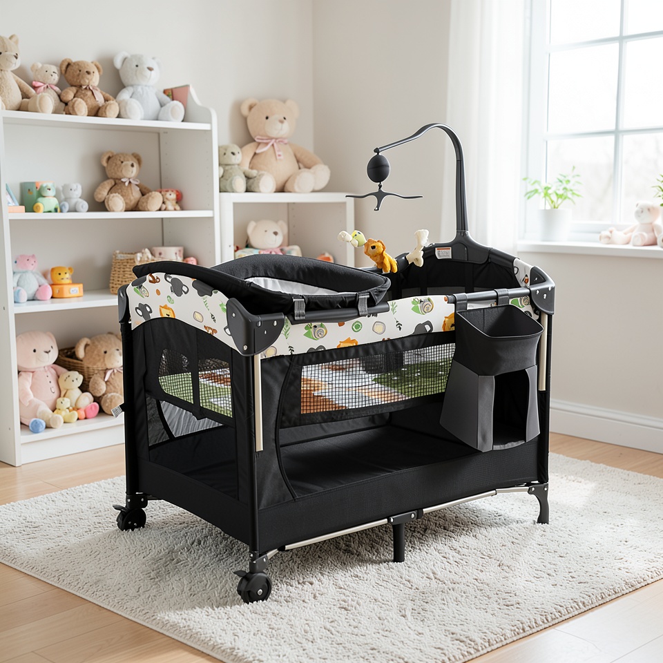 Кроватка детская Cobabies черно-серая с аксессуарами