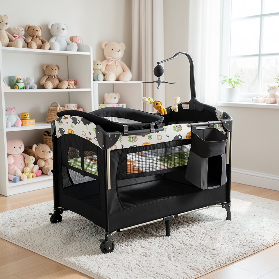 Кроватка детская Cobabies черная с аксессуарами