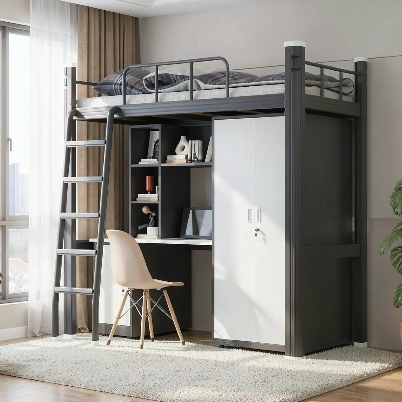 Комбинированная кровать-чердак с рабочим столом и шкафом Three Colors YH088