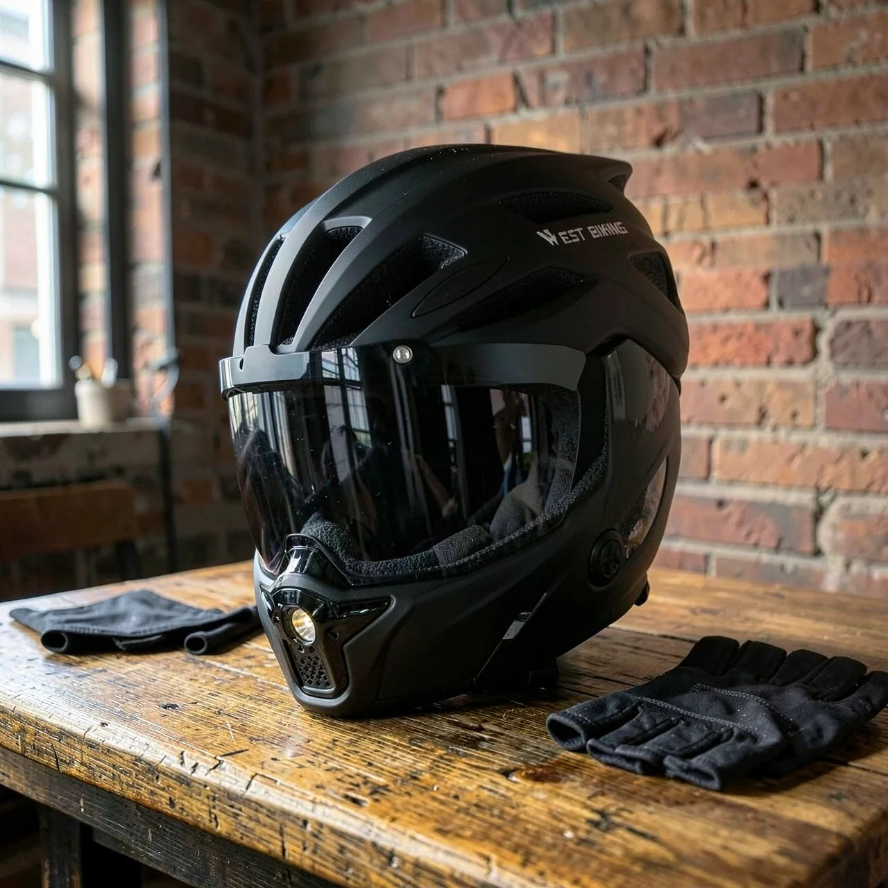 Велосипедный шлем West Biking черный, серые линзы, с фонарем