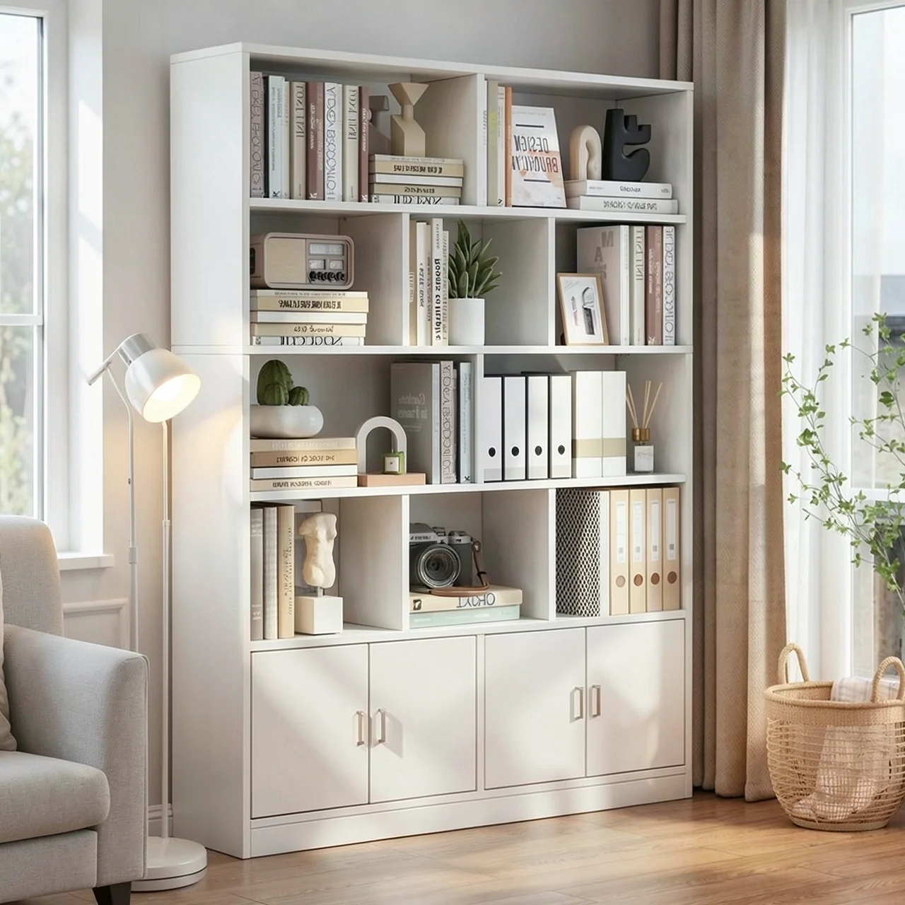 Стеллаж Huizhen SJ-07 с дверцами 140x24x180 теплый белый