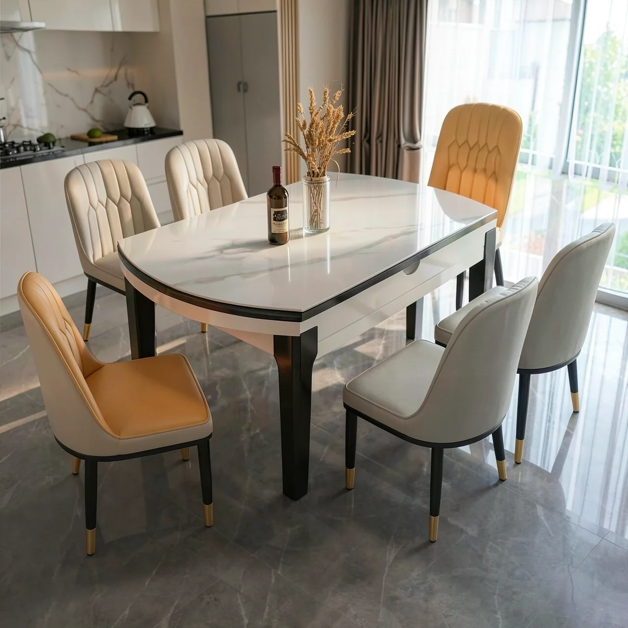 Стол обеденный слэб 1.2мм с 4 кожаными стульями 120см