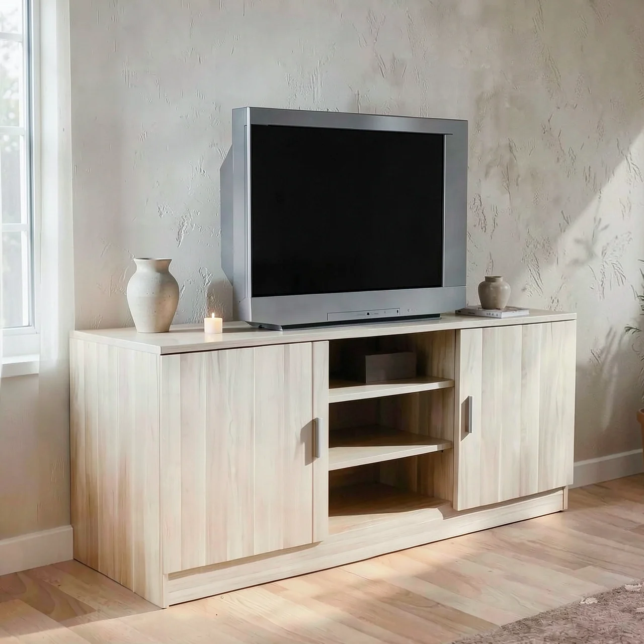 Тумба под телевизор 100x40x60 см белая с декор-дверью