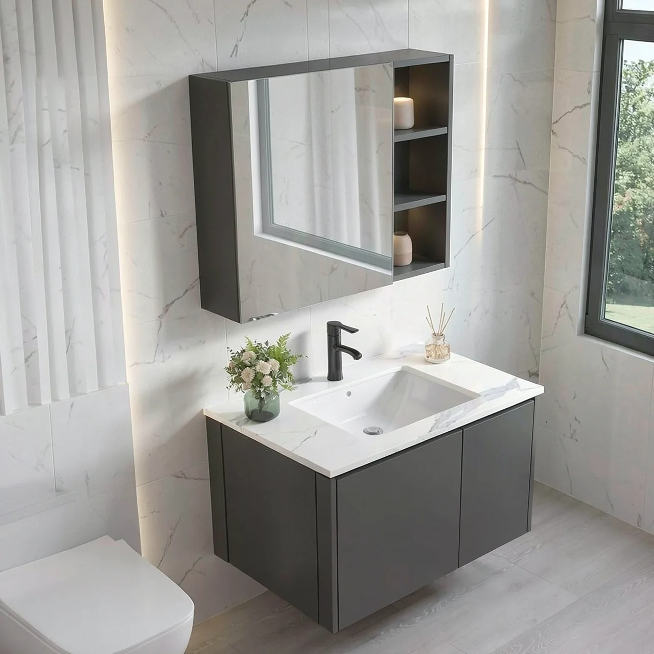 Комплект Kapvit CT-100 с каменной раковиной и зеркальным шкафом