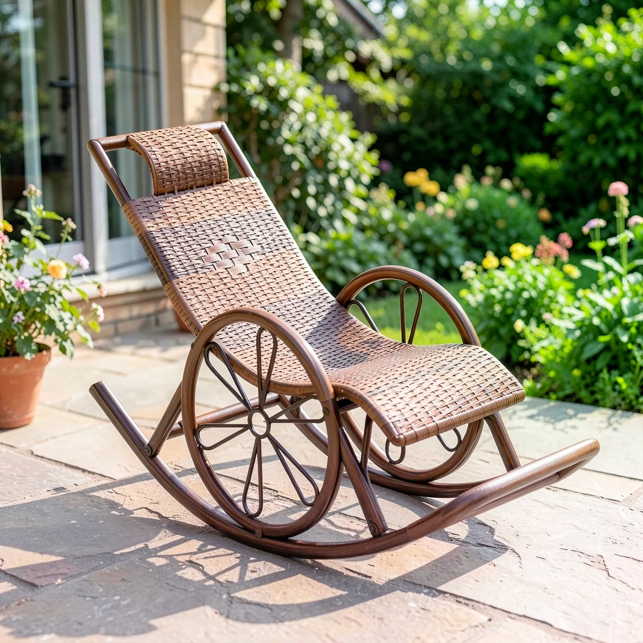 Кресло-качалка ротанг полосатый коричневый wheel model
