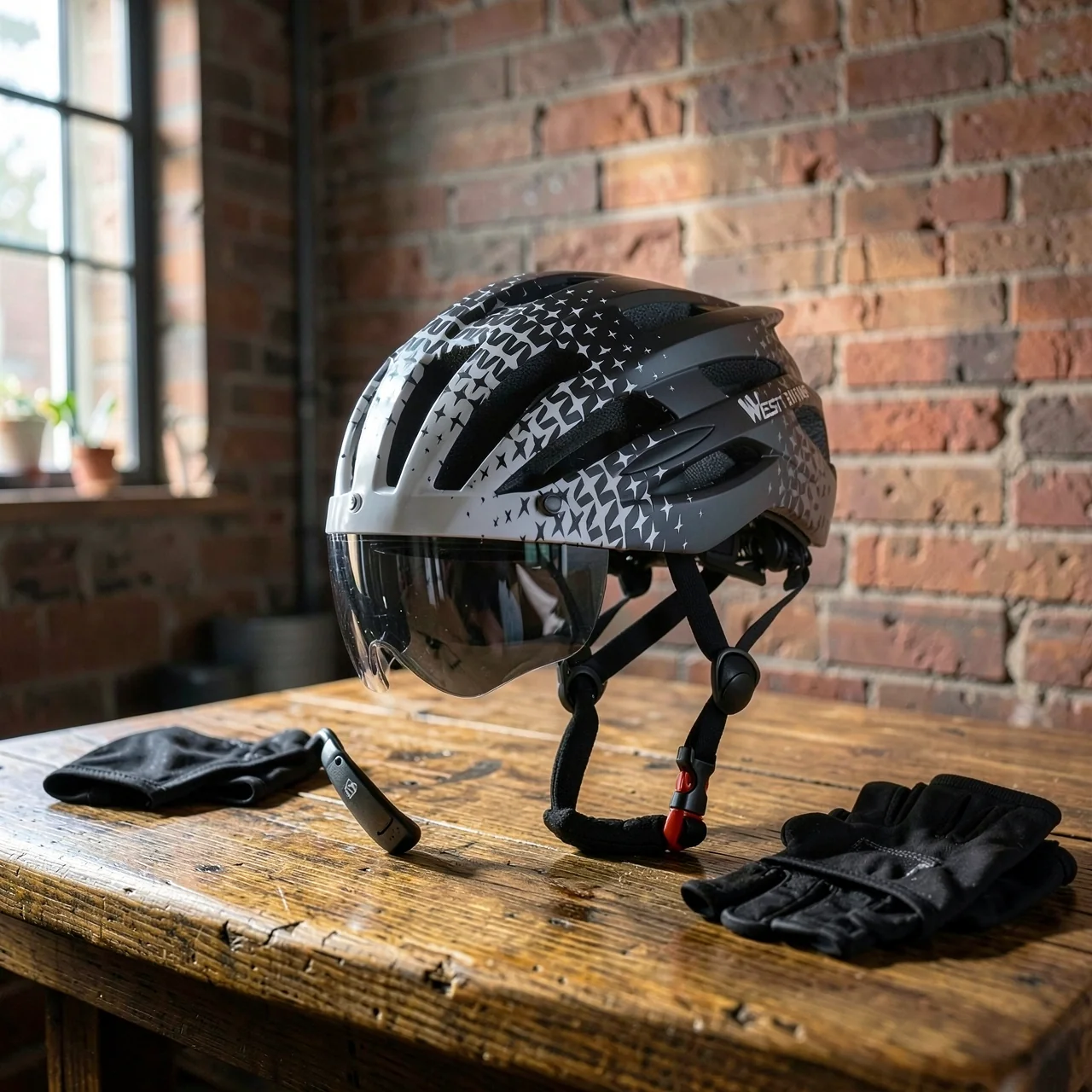 Велосипедный шлем West Biking черно-белый, две линзы, с фонарем