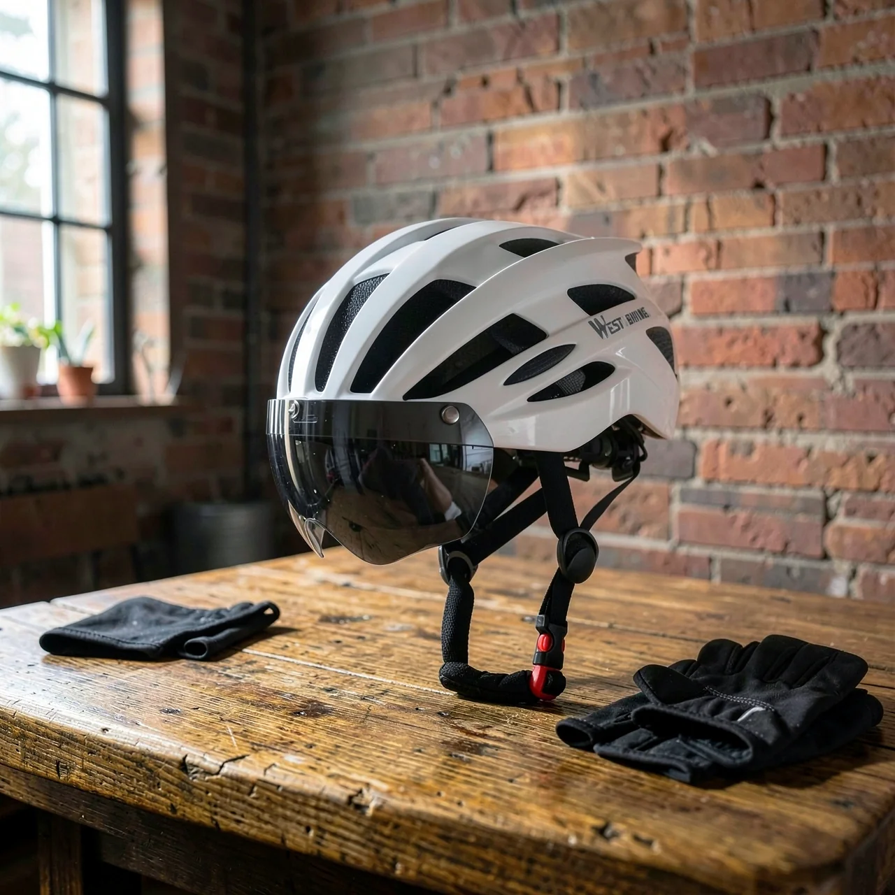 Велосипедный шлем West Biking белый, серые линзы, с фонарем
