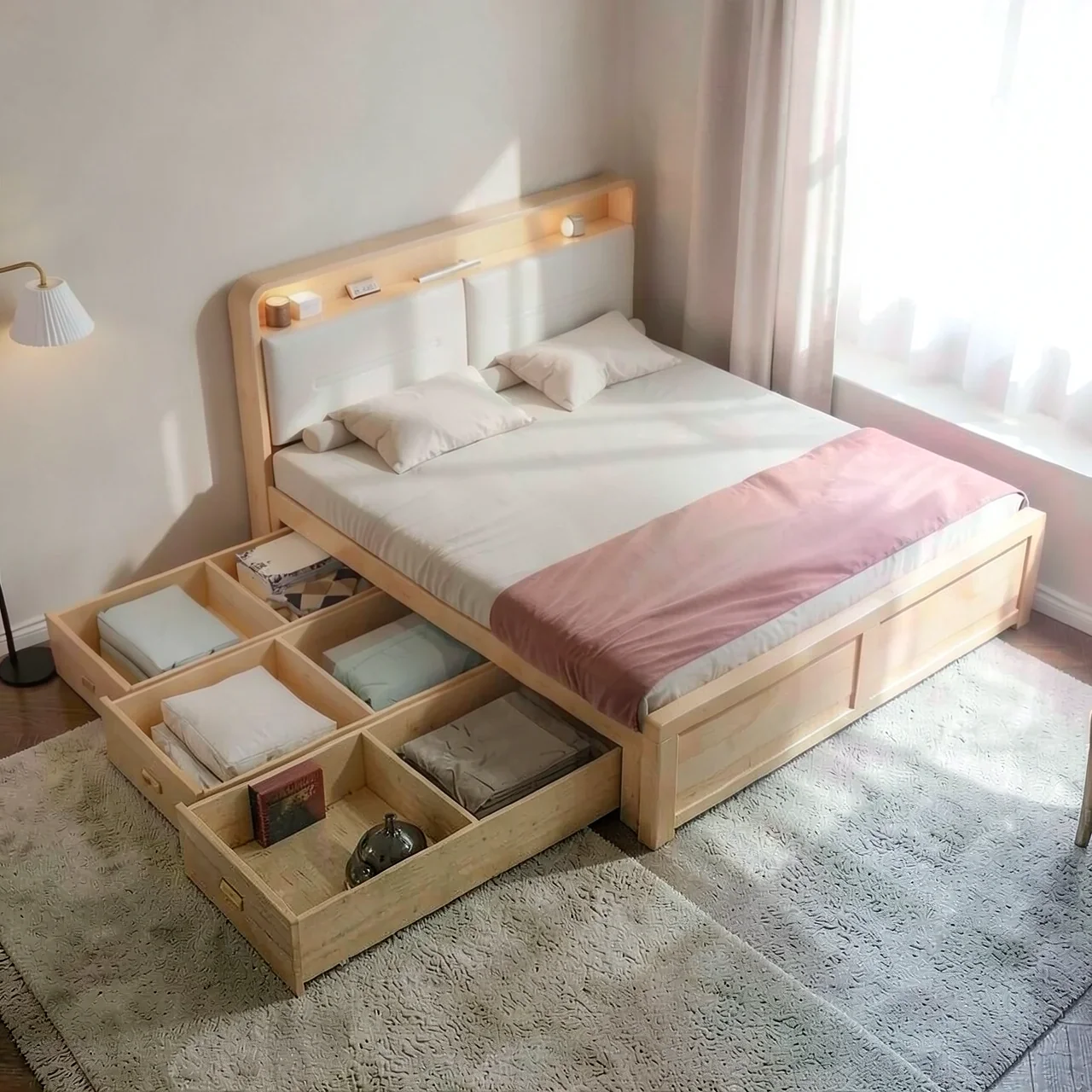 Кровать двуспальная 180x200 с матрасом 10 см, 2 ящиками и тумбами