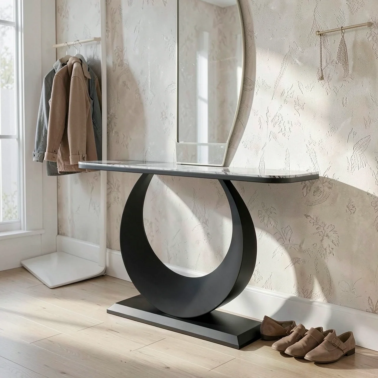 Консольный стол итальянский известняк черный каркас 150x30x80