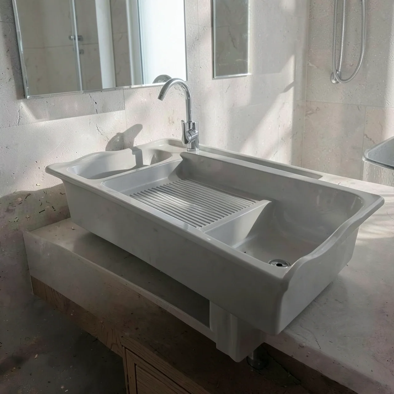 Раковина кварцевая серая 100x58 резной край с бортиком