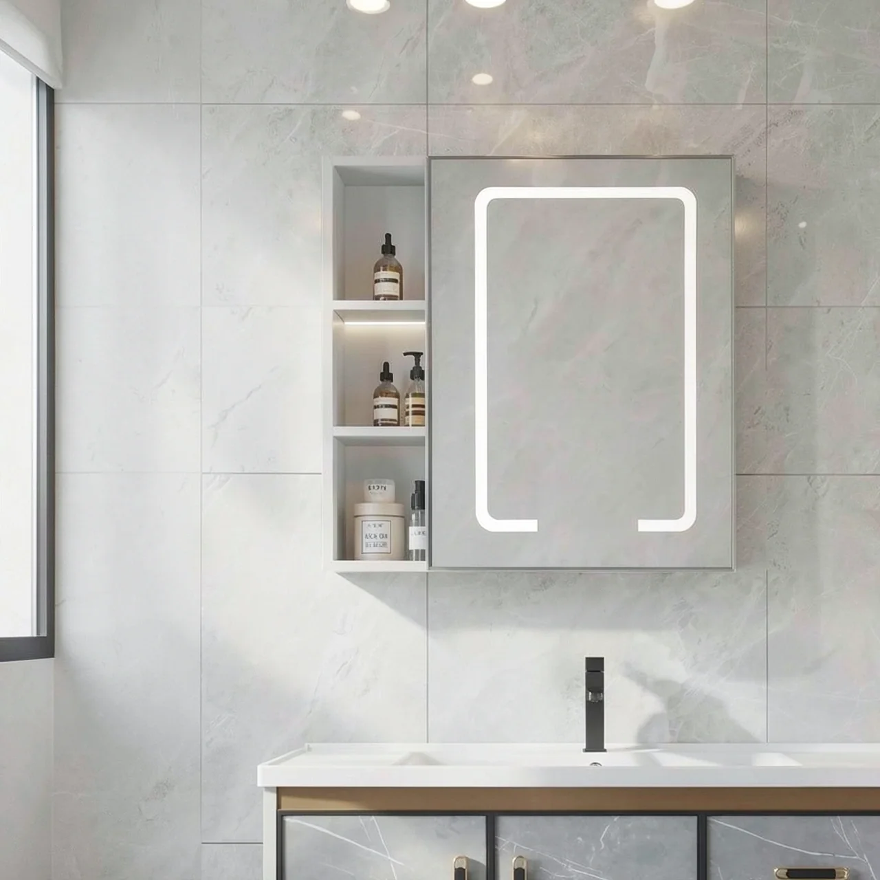 Зеркальный шкаф светло-серый 85x65 см сенсорный