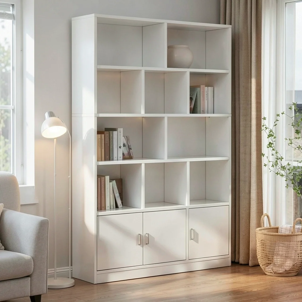 Стеллаж Huizhen SJ-07 с дверцами 120x24x180 теплый белый
