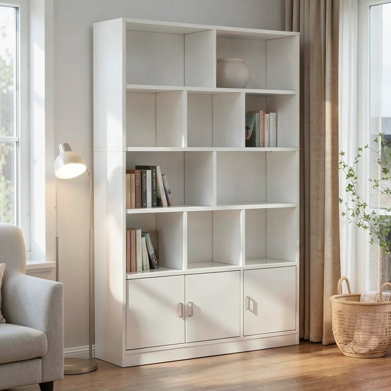 Стеллаж Huizhen SJ-07 с дверцами 100x24x180 теплый белый