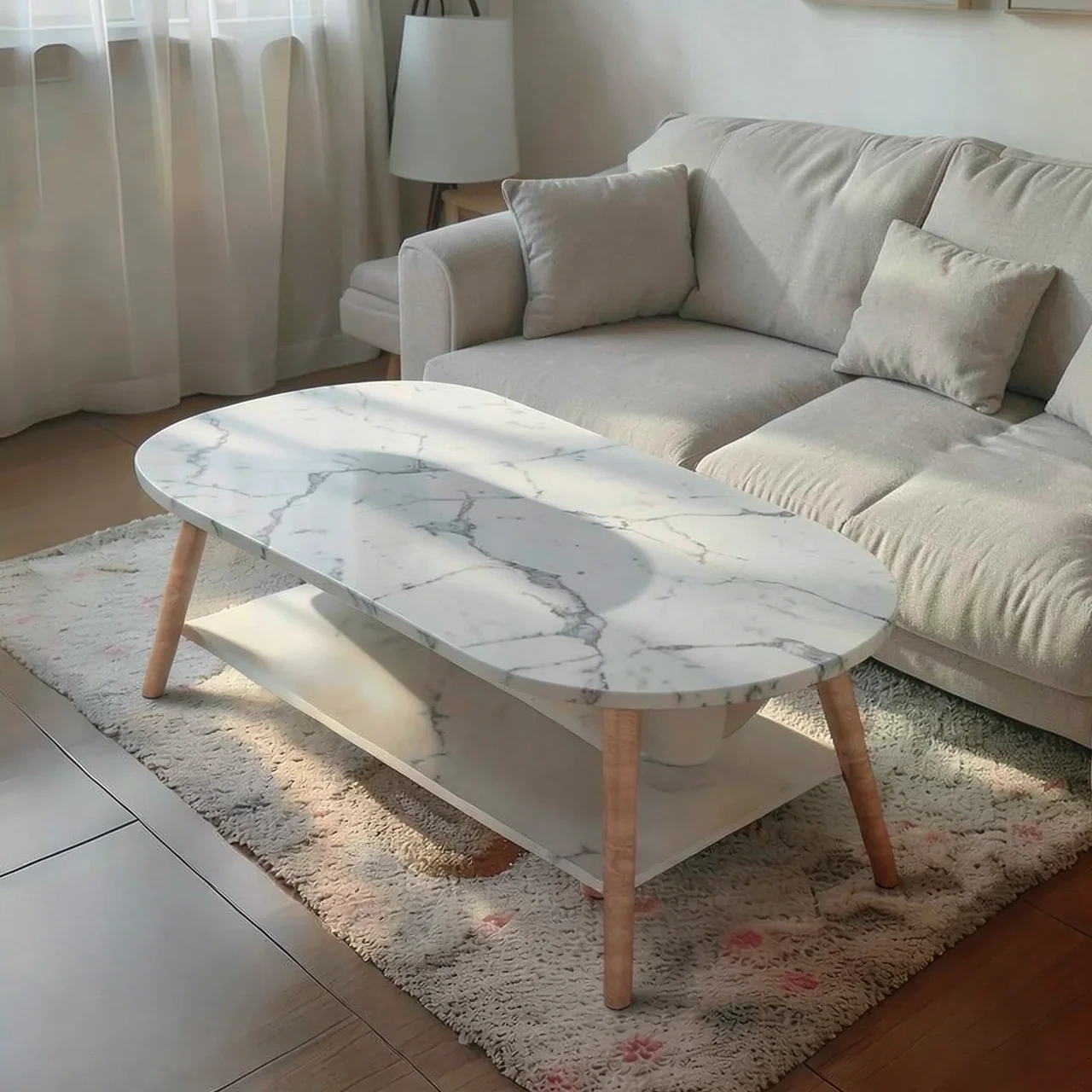 Журнальный столик белый мрамор 120×60 с полкой