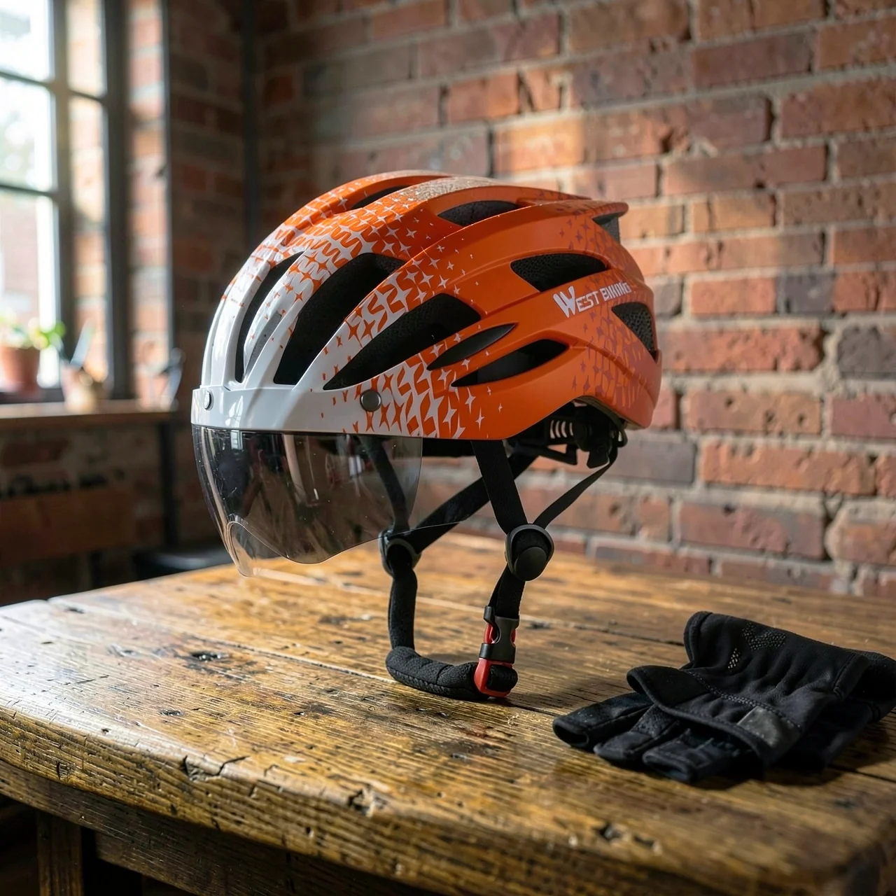Велосипедный шлем West Biking оранжево-белый, серые линзы