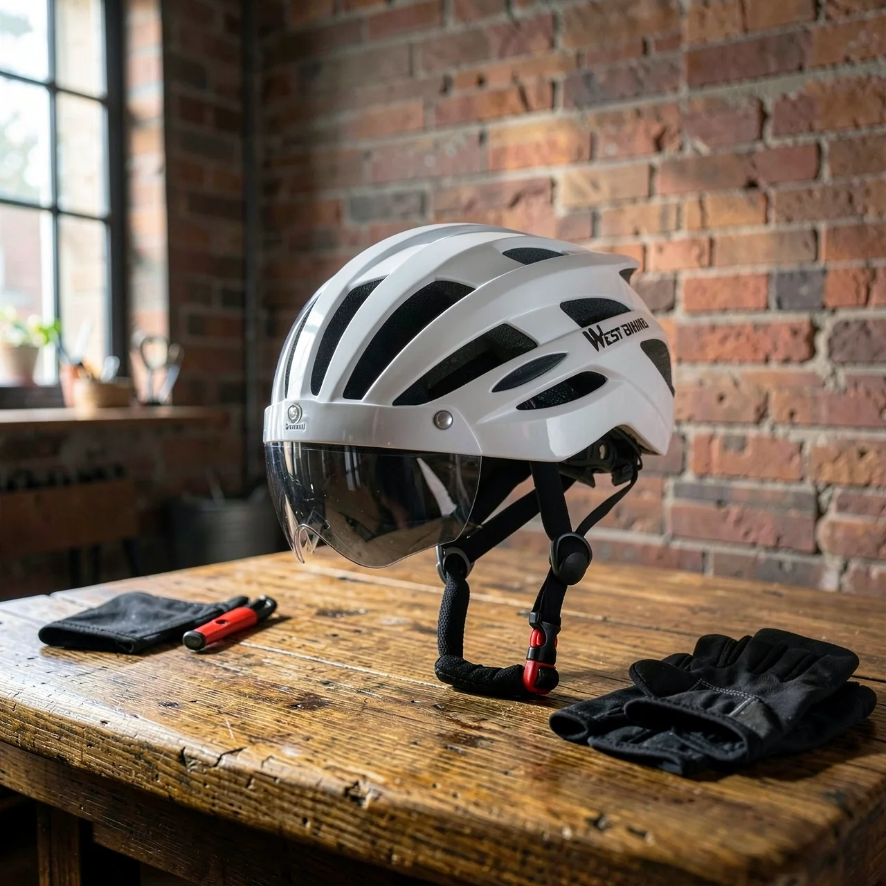 Велосипедный шлем West Biking белый, две линзы, с фонарем