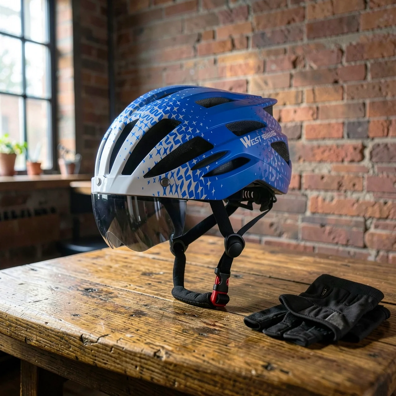 Велосипедный шлем West Biking сине-белый, серые линзы