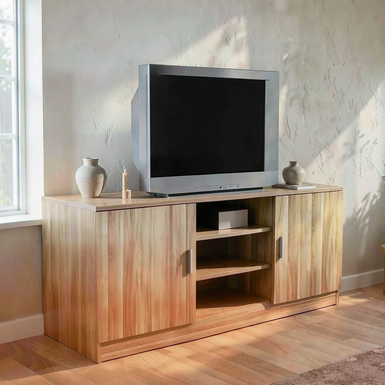 Тумба под телевизор 100x40x60 см светлый орех с декор-дверью