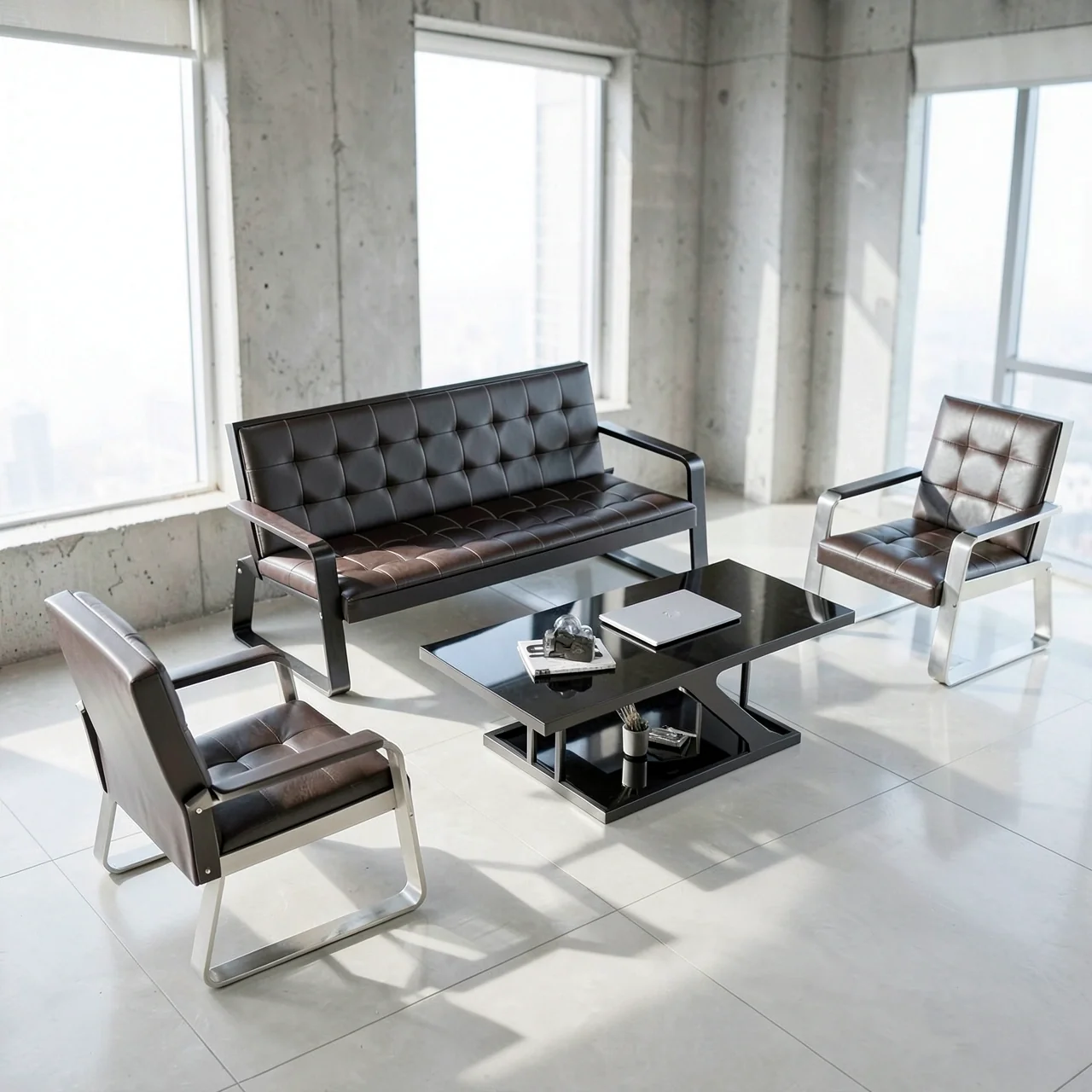 Диван офисный кофейный 1+3 места с длинным столом