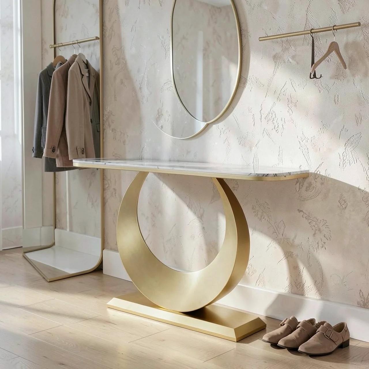 Консольный стол итальянский известняк золотой каркас 100x30x80