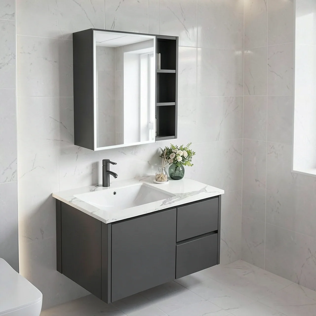 Комплект Kapvit CT-100 с каменной раковиной, левым ящиком и умным зеркальным шкафом