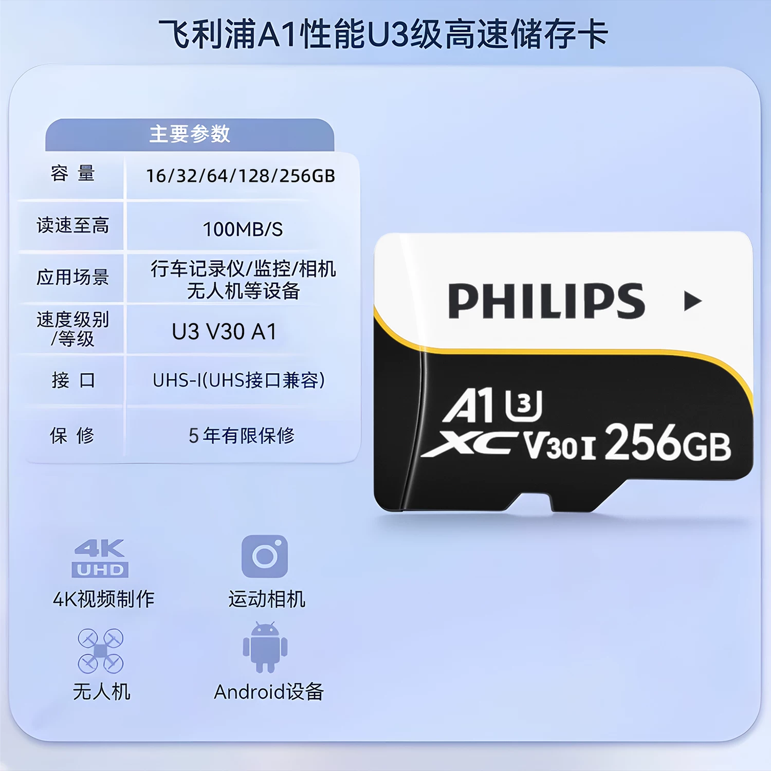 Philips High Speed TF Memory Card 256GB Supports High Durability Memory Card for 4K Video Recording of Driving Recorder