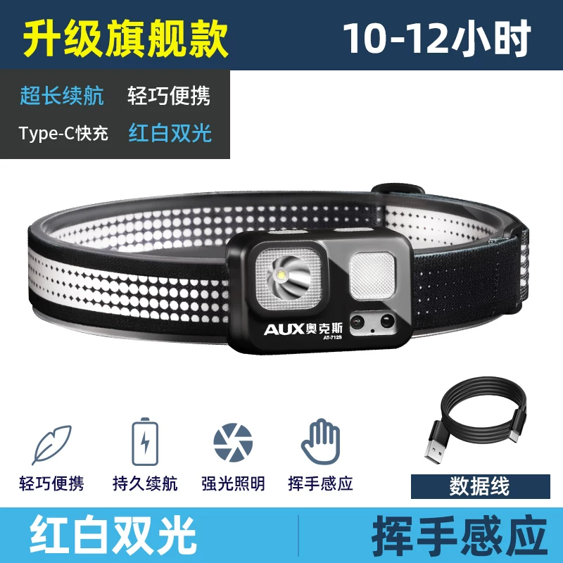 AUX headlights, strong light charging, ultra bright sensing, head mounted lighting, ultra long endurance, outdoor fishing, hiking, small size