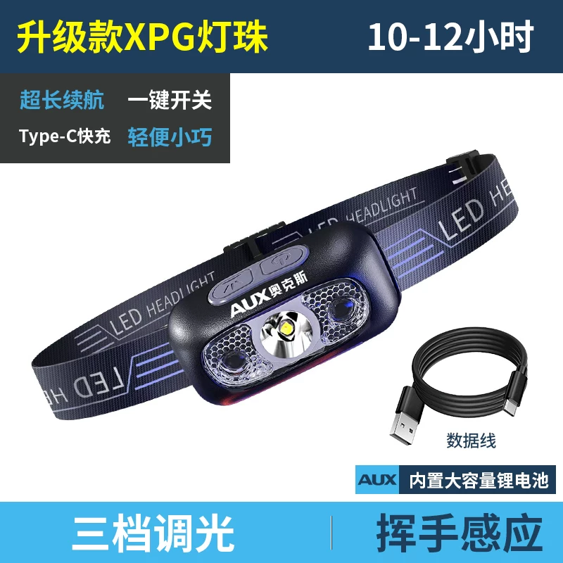 AUX headlights, strong light charging, ultra bright sensing, head mounted lighting, ultra long endurance, outdoor fishing, hiking, small size