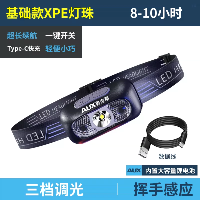 AUX headlights, strong light charging, ultra bright sensing, head mounted lighting, ultra long endurance, outdoor fishing, hiking, small size