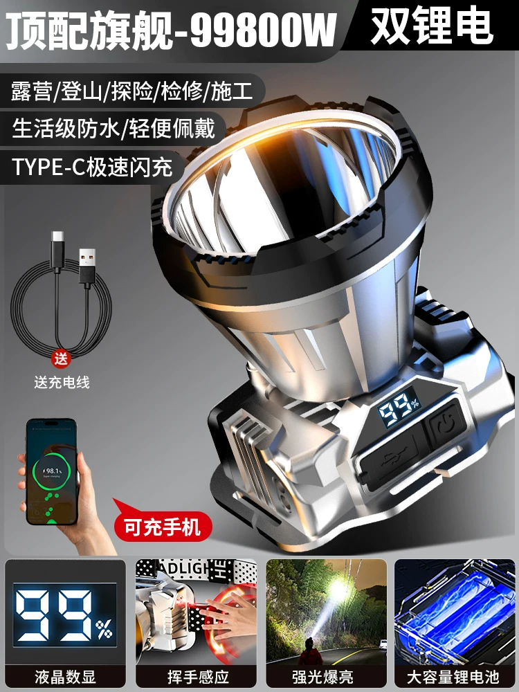 Night fishing headlight, strong light charging, ultra bright head mounted outdoor ultra long endurance flashlight, mining lamp, light sensing special