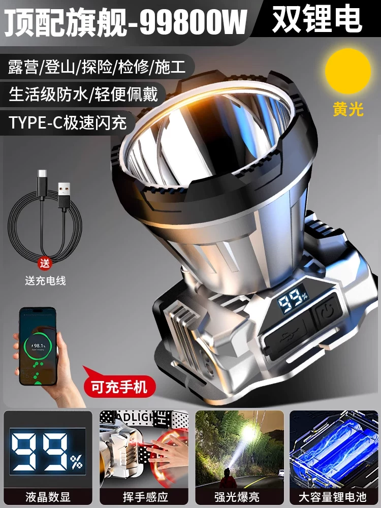 Night fishing headlight, strong light charging, ultra bright head mounted outdoor ultra long endurance flashlight, mining lamp, light sensing special