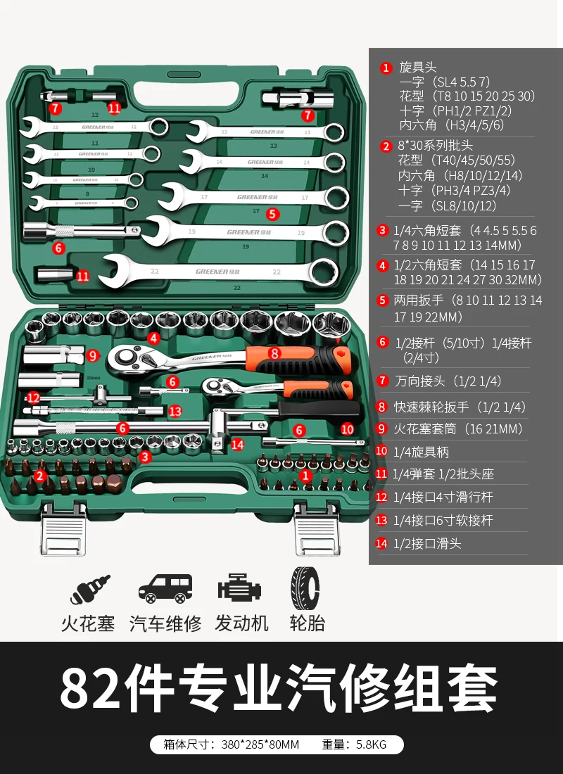 Green Forest Auto Repair Tool Set Ratchet Quick Sleeve Wrench Sleeve Automotive Universal Repair Motorcycle Support Repair Combination