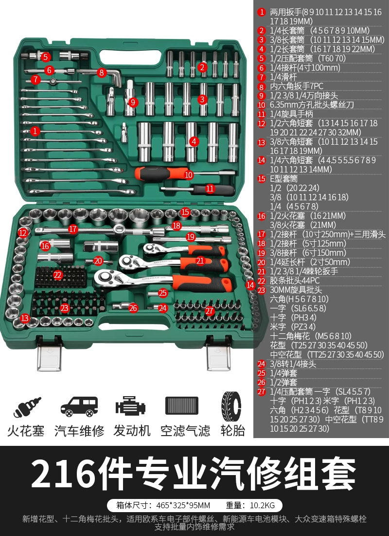 Green Forest Auto Repair Tool Set Ratchet Quick Sleeve Wrench Sleeve Automotive Universal Repair Motorcycle Support Repair Combination