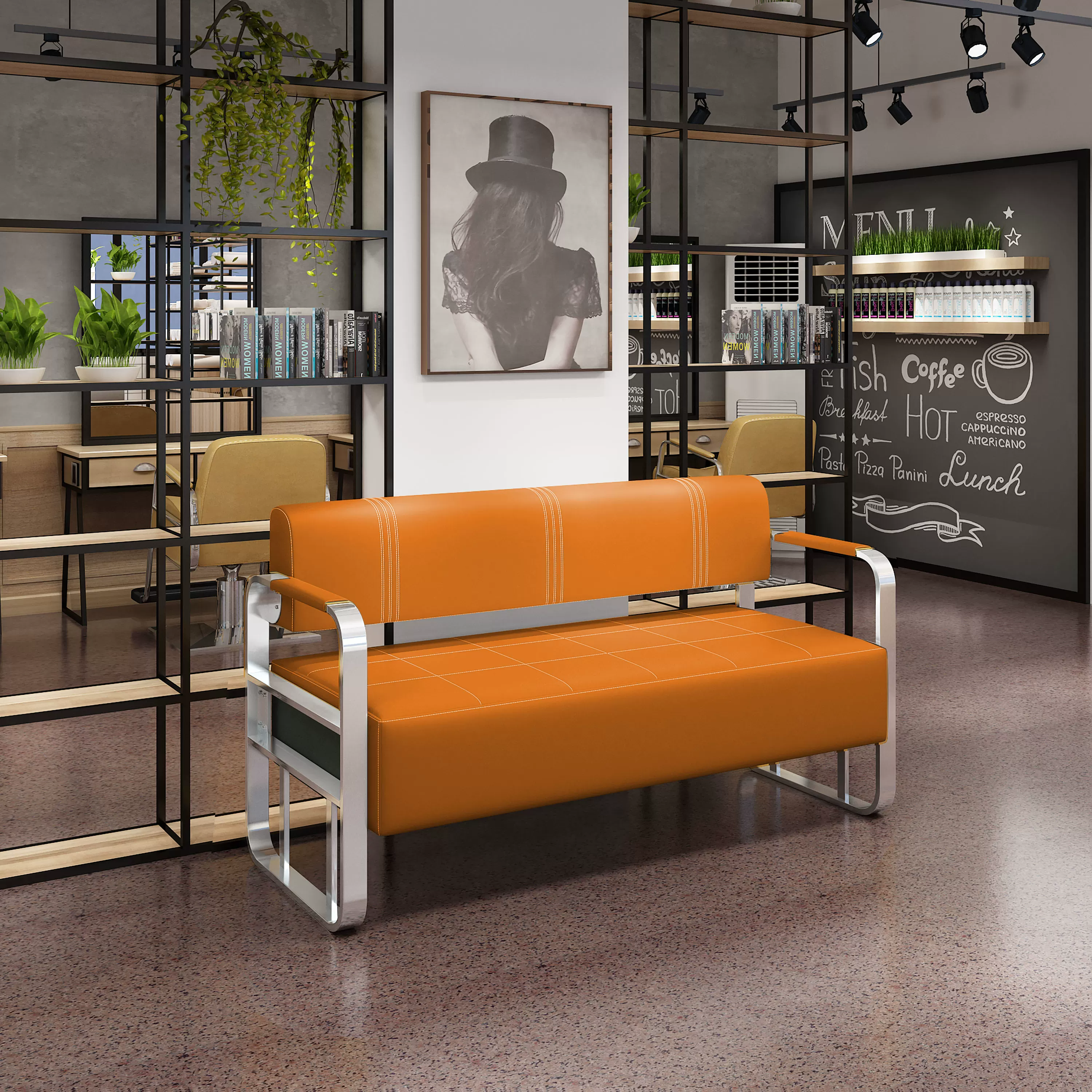 Hair salon sofa waiting chair Hair salon Nail salon Rest area Stainless steel office Reception sofa chair