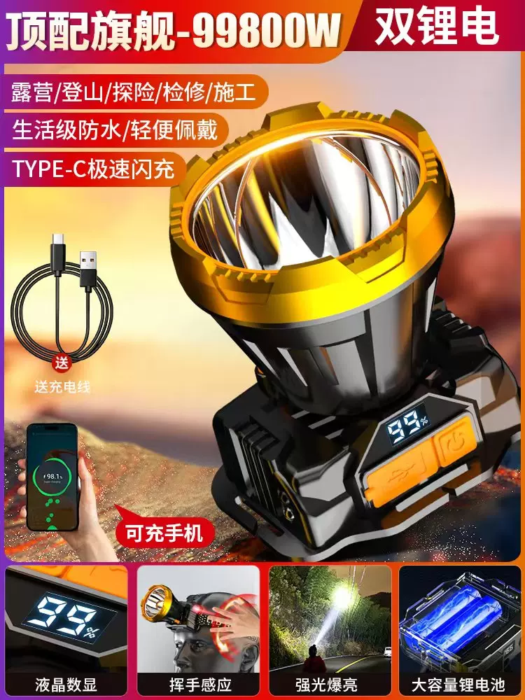 Night fishing headlight, strong light charging, ultra bright head mounted outdoor ultra long endurance flashlight, mining lamp, light sensing special
