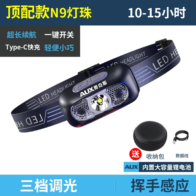 AUX headlights, strong light charging, ultra bright sensing, head mounted lighting, ultra long endurance, outdoor fishing, hiking, small size