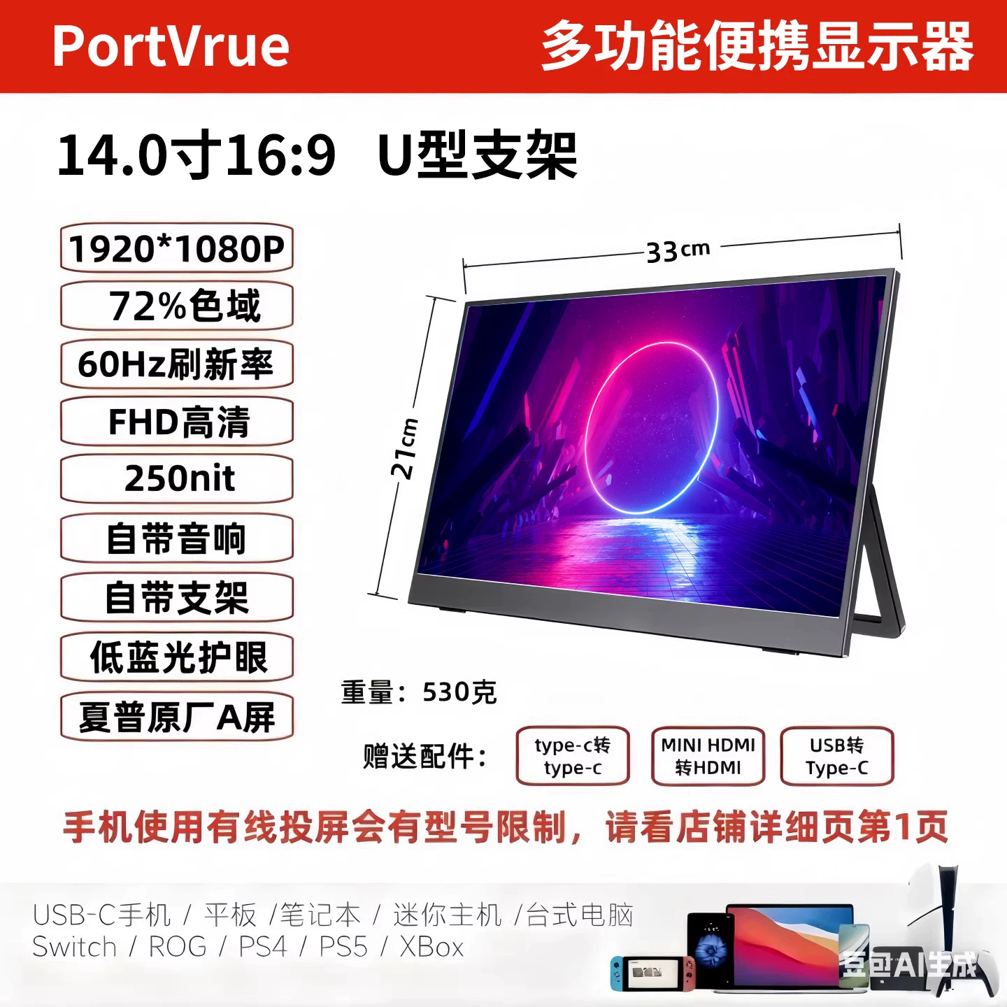 Portable monitor, mobile phone, wireless projection screen, laptop, extended screen, PS5/switch external screen, 4K secondary screen