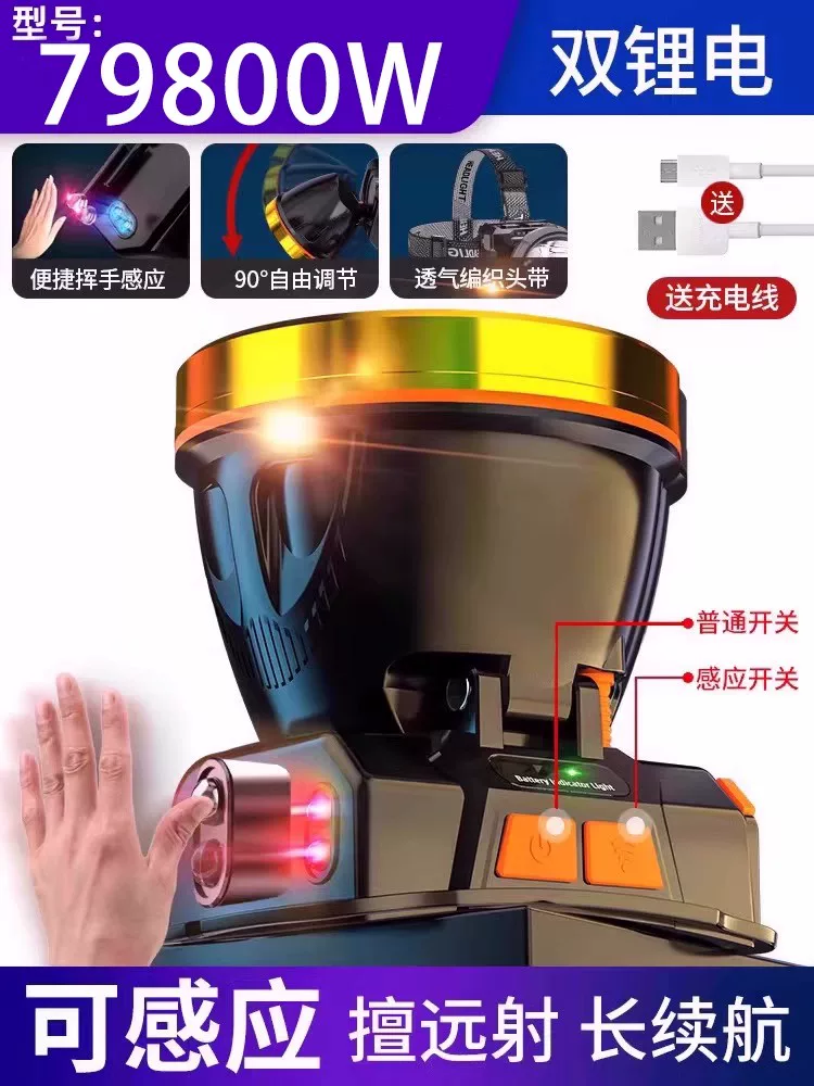 Night fishing headlight, strong light charging, ultra bright head mounted outdoor ultra long endurance flashlight, mining lamp, light sensing special