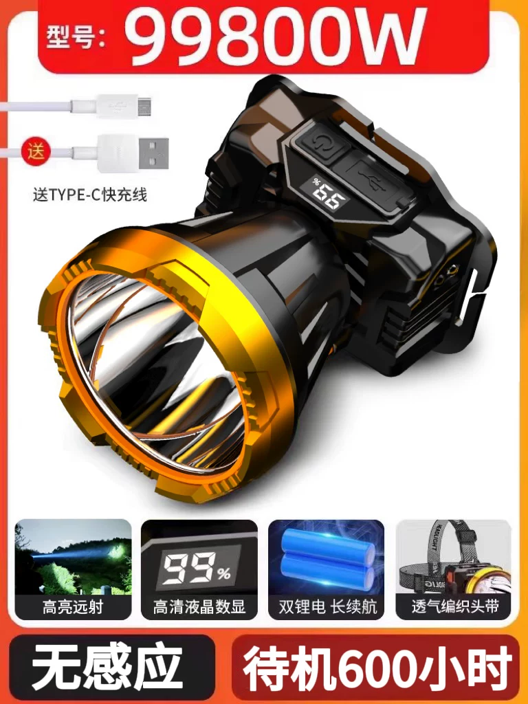 Night fishing headlight, strong light charging, ultra bright head mounted outdoor ultra long endurance flashlight, mining lamp, light sensing special