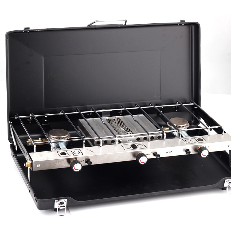 Outdoor portable folding barbecue grill portable gas stove camping picnic gas dual stove three head windproof storage stove