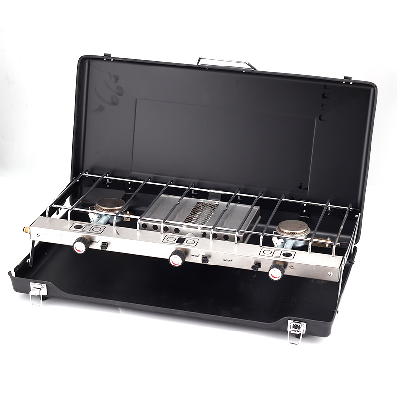 Outdoor portable folding barbecue grill portable gas stove camping picnic gas dual stove three head windproof storage stove