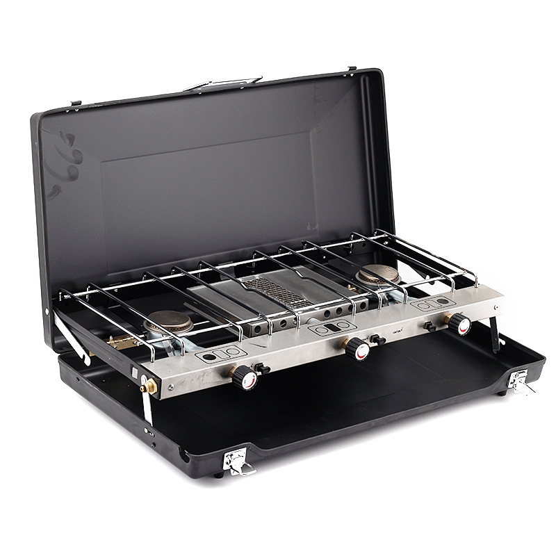 Outdoor portable folding barbecue grill portable gas stove camping picnic gas dual stove three head windproof storage stove