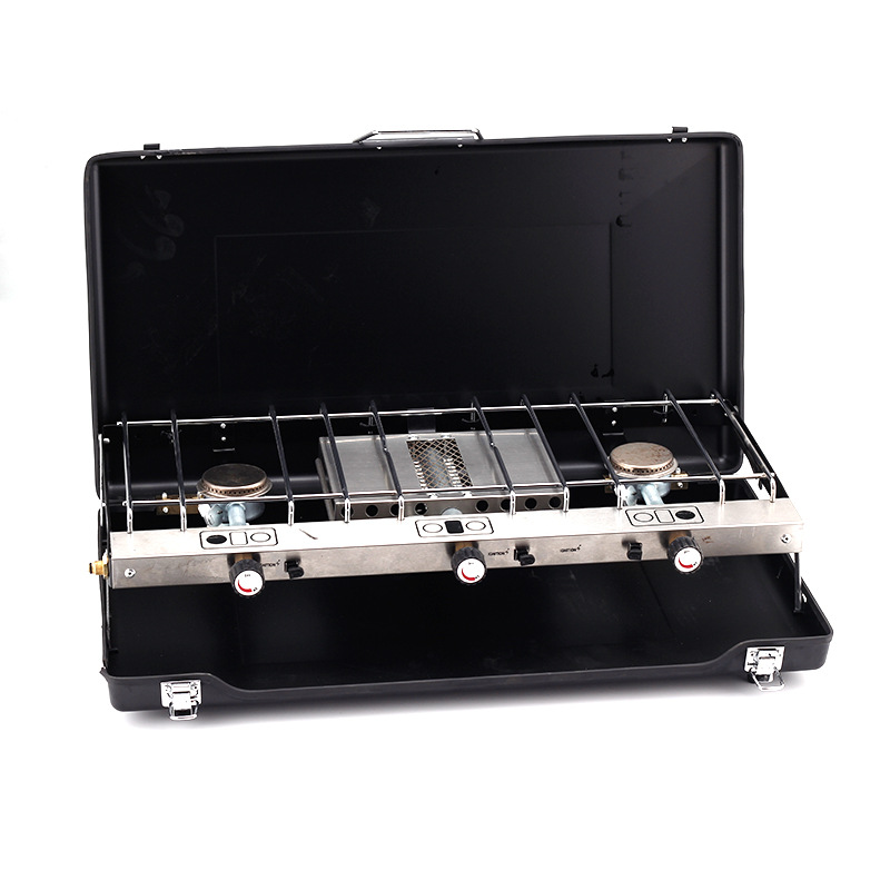 Outdoor portable folding barbecue grill portable gas stove camping picnic gas dual stove three head windproof storage stove