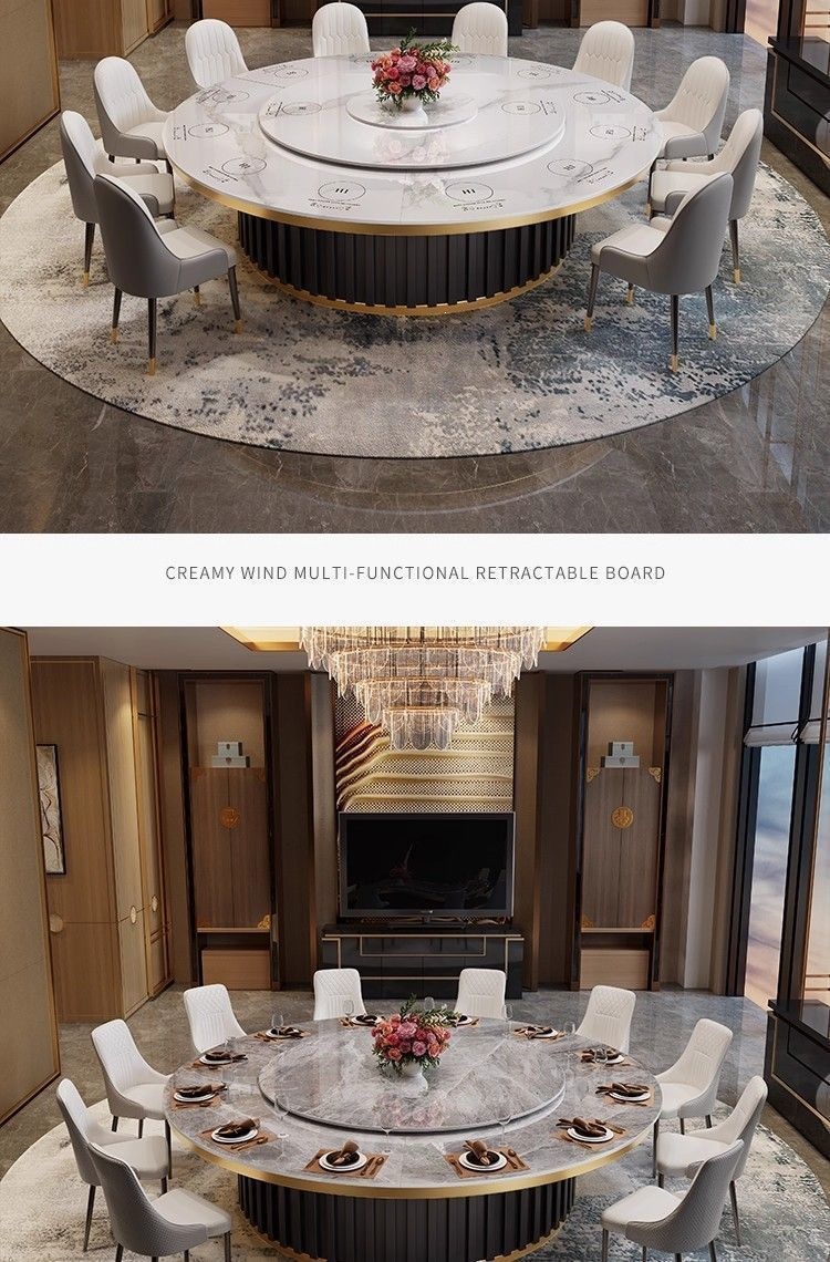 Light luxury hotel rock slab electric dining table, round table with turntable, restaurant commercial induction cooker, dining table for 30 people, dining together