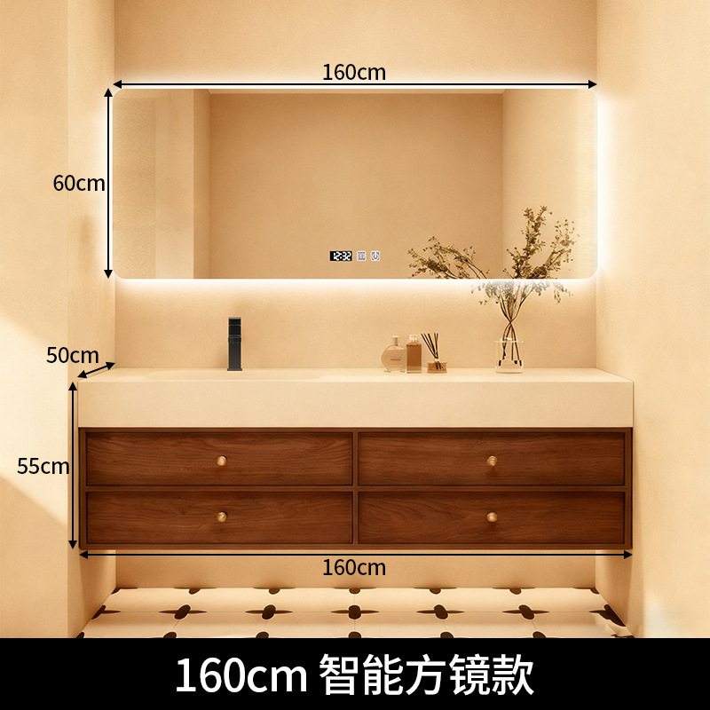 鑫梓枫中古风骨骼岩板一体盆浴室柜组合智能卫生间洗手盆洗脸盆可