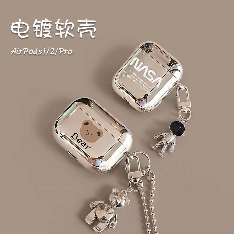 Suitable for Apple Pro2 earphone case electroplated soft shell earphone case suitable for AirPods 2 generation teddy bear pendant earphone case