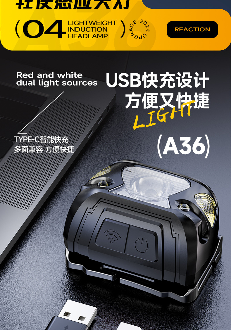 LED induction headlight with long battery life, strong light, USB charging, fishing mini red bald head, wearable outdoor cycling work light