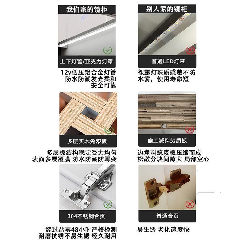 实木浴室智能镜柜单独挂墙式带灯除雾卫生间镜子带收纳一体柜
