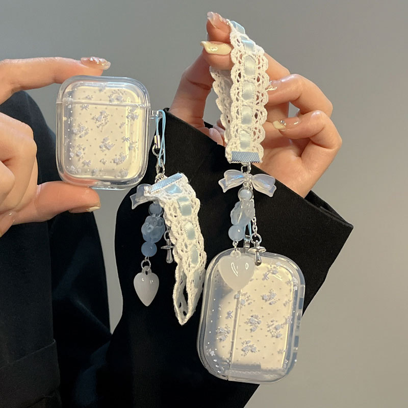 Suitable for Ins Apple AirPods, simple and high-end blue bow broken flower pendant, headphone protective case cover
